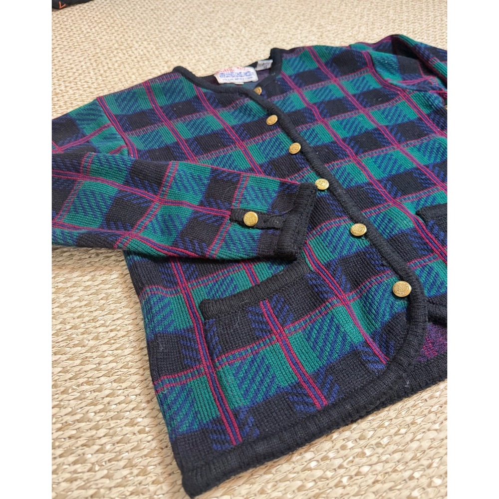 Vintage Tally-Ho Plaid Button Front Cardigan Sweater quiet luxury old money S